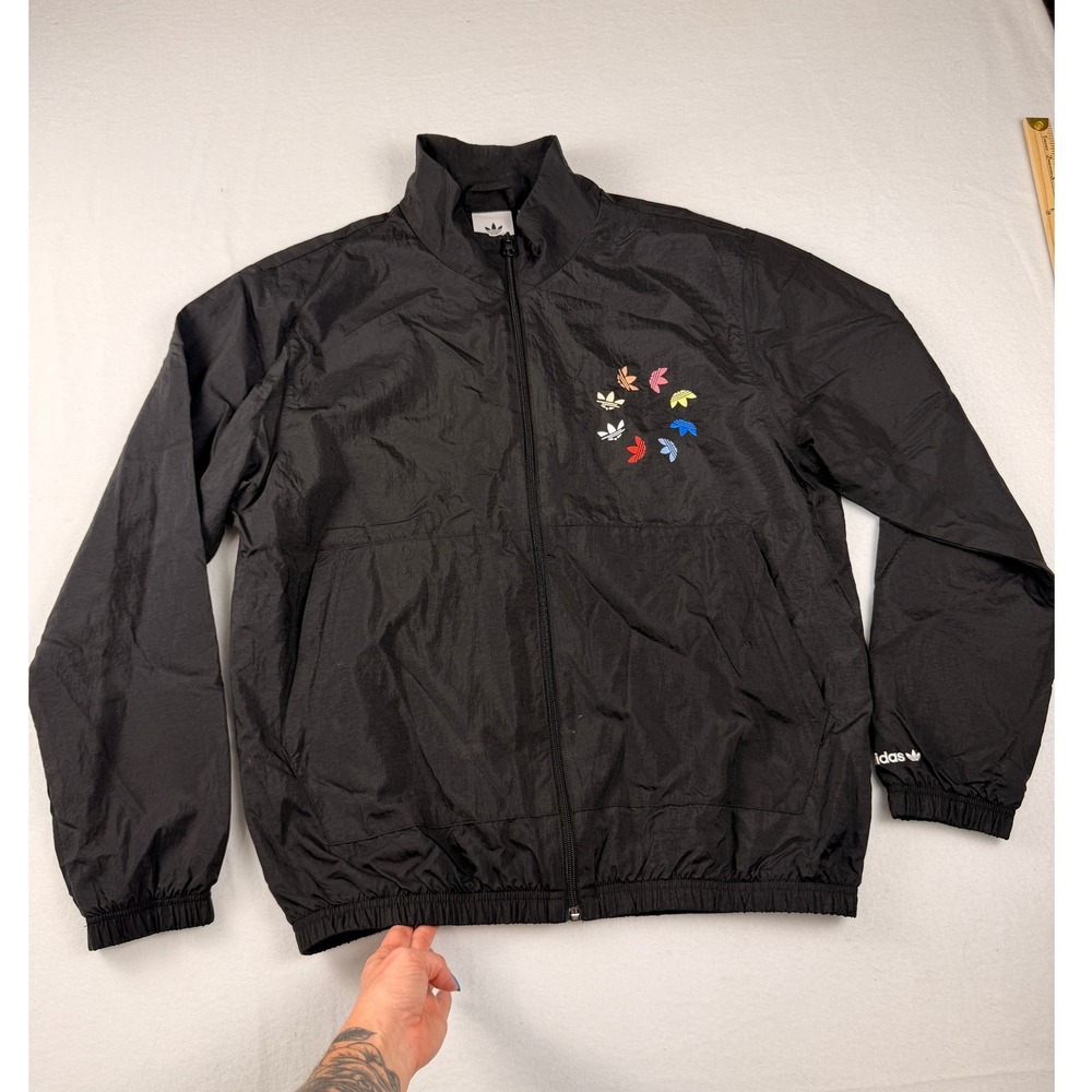 Adidas Originals Mens Black Windbreaker Jacket Multi Color Trefoil Logo Medium